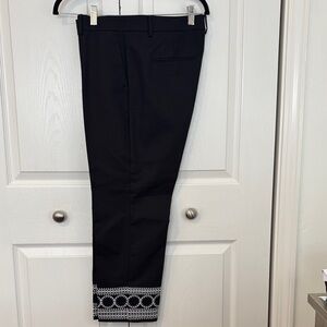Womens Ann Taylor Black Cotton Pants with White Embroidered Hem